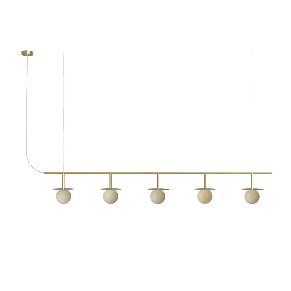 ROBIN 10546 | ROYAL PENDANT CHANDELIER LINEAR 5 - MATTE POLISHED BRASS STRUCTURE AND DISC, ALABASTER SPHERE, AND GOLD TEXTILE CABLE.