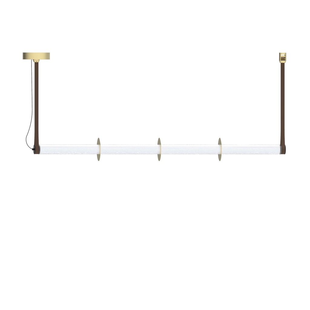 ROBIN 12625 | ROSELINE PENDANT - GOLD BASE, BROWN STRAP, CLEAR GLASS SHADE, AND TEXTILE CABLE - 2700°K