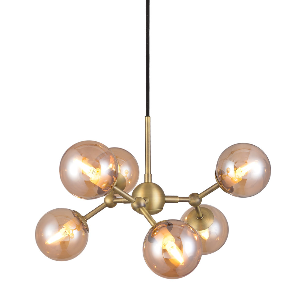 HALO DESIGN 736560 | ATOM MINI CHANDELIER ANTIQUE BRASS & AMBER GLASS, 6XG9 IP20
