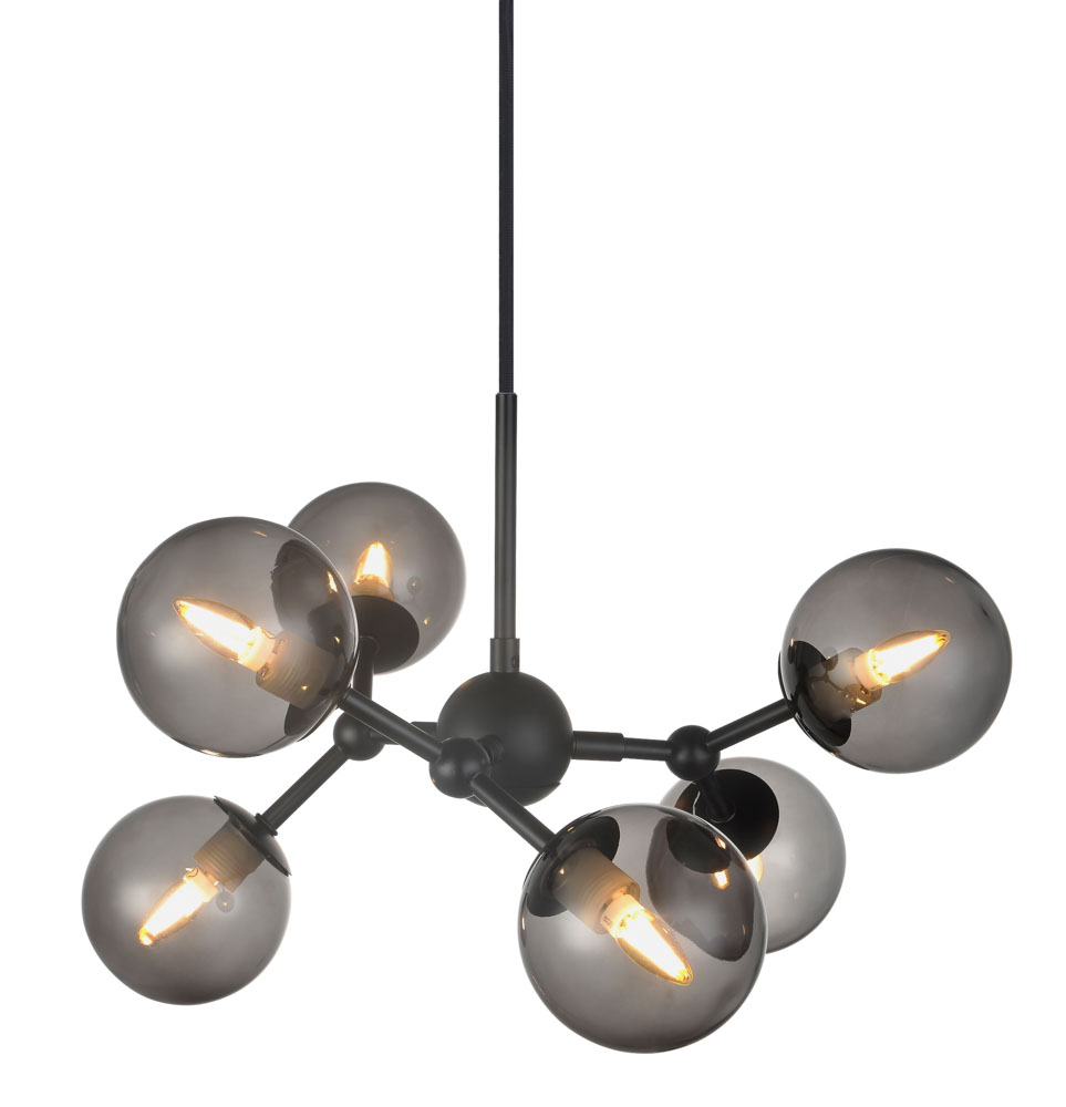 HALO DESIGN 736553 | ATOM MINI CHANDELIER BLACK & SMOKE GLASS, 6XG9 IP20