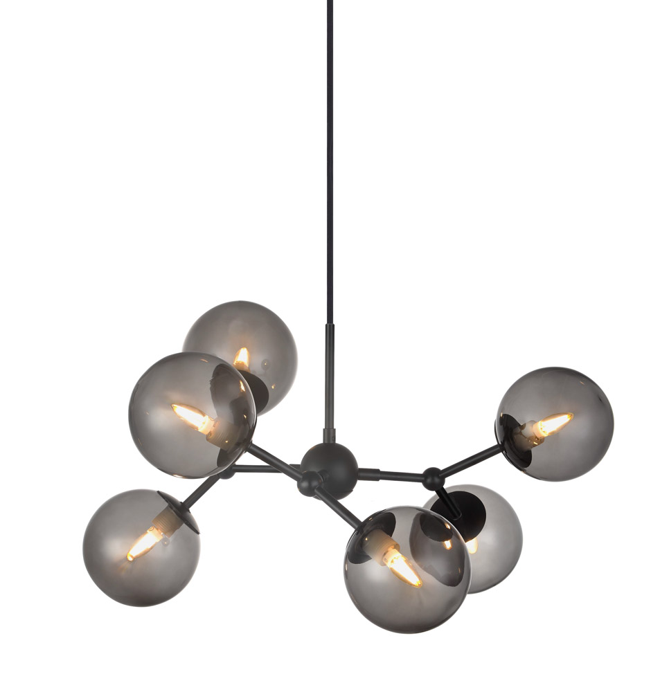 HALO DESIGN 738823 | ATOM LARGE CHANDELIER BLACK & SMOKE GLASS 6X G9 IP20