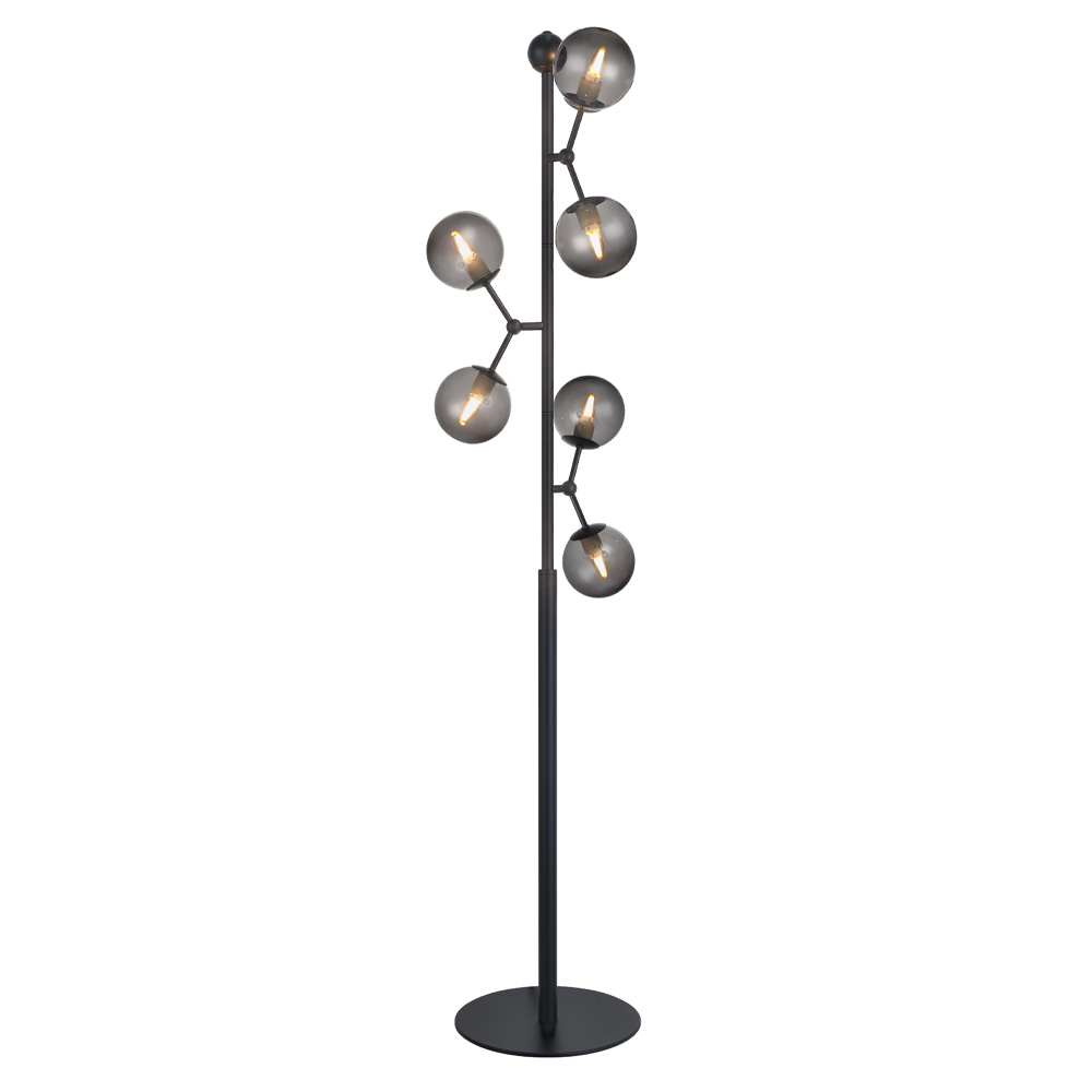 HALO DESIGN 738885 | ATOM FLOORLAMP, BLACK & SMOKE GLASS, 6XG9 IP20