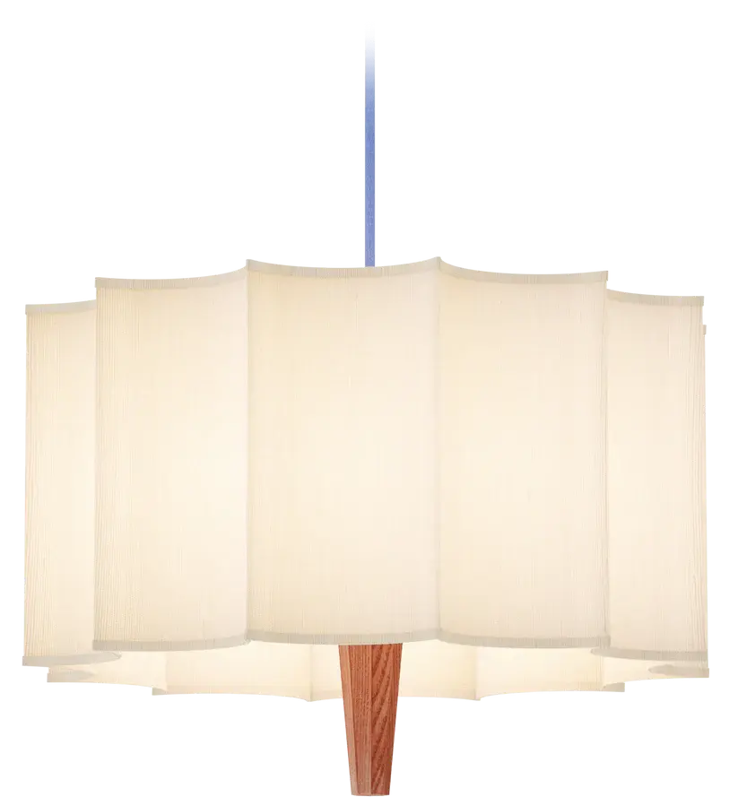 ROBIN 01681 | RAIN PENDANT - CHESNUT WOOD STRUCTURE WHITE SHADE AND BLUE TEXTILE CABLE