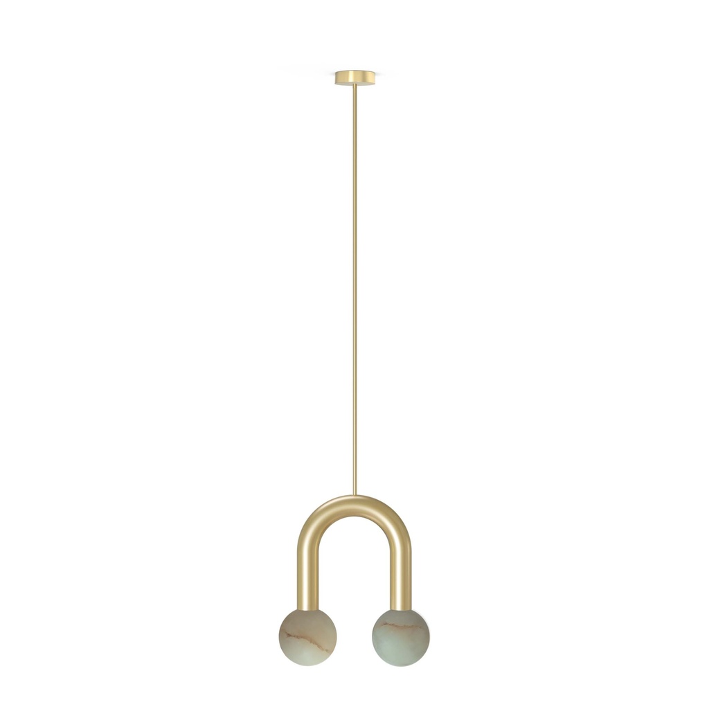 ROBIN 07089 | RIGOBERTA PENDANT SUPER CURVED - GOLD, GOLD TEXTILE CABLE, AND ALABASTER SPHERE