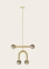 ROBIN 07102 | RIGOBERTA PENDANT DUO SUPER CURVED - GOLD, GOLD TEXTILE CABLE, AND ALABASTER SPHERE