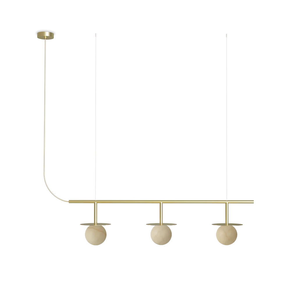 ROBIN 06624 | ROYAL PENDANT CHANDELIER LINEAR 3 - MATTE POLISHED BRASS STRUCTURE AND DISC, ALABASTER SPHERE, AND GOLD TEXTILE CABLE.