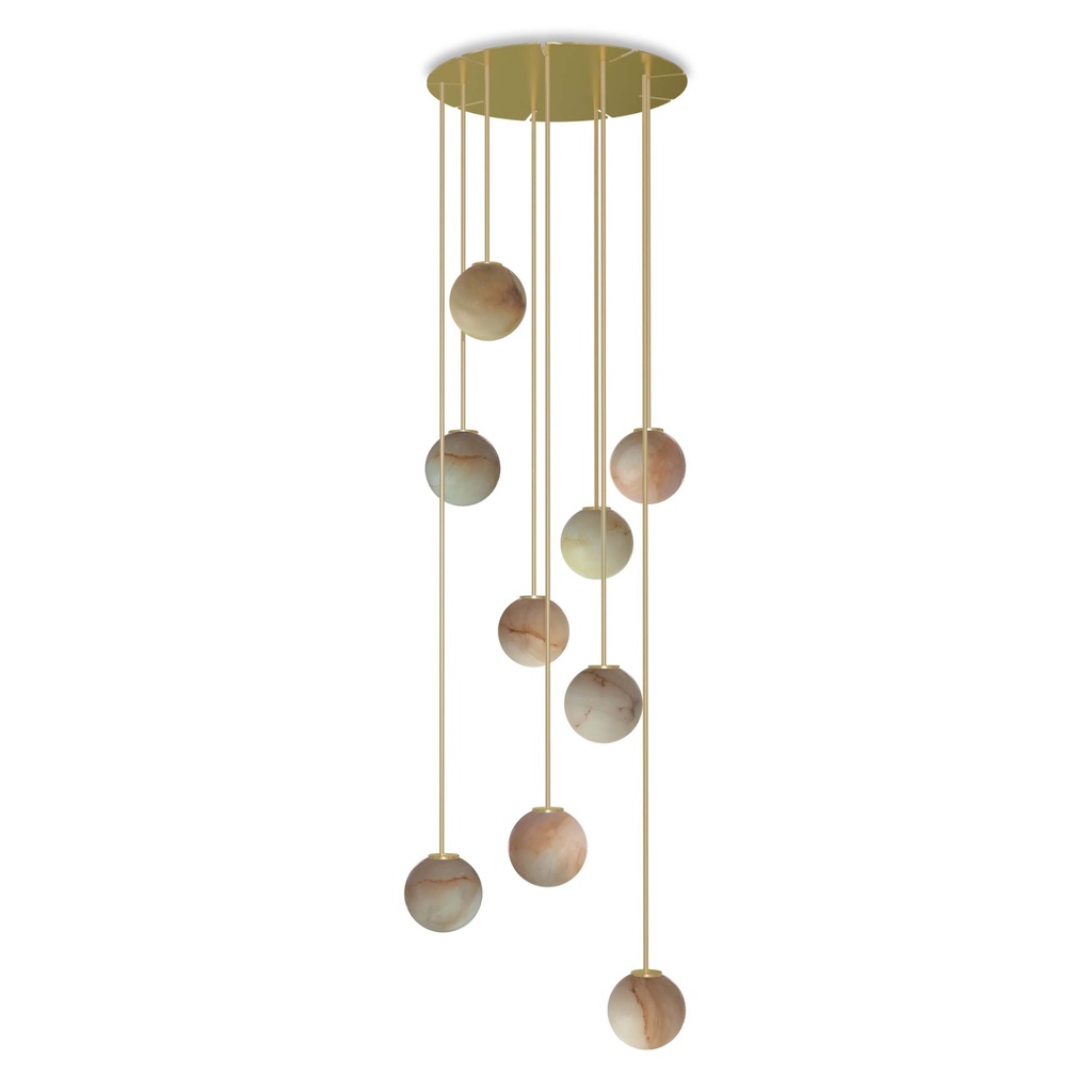 ROBIN 06976 | ROYAL PENDANT CHANDELIER CIRCULAR DROPS - GOLDEN STRUCTURE, ALABASTER SPHERE, AND GOLDEN TEXTILE CABLE.
