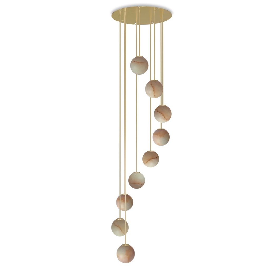 ROBIN 06969 | ROYAL PENDANT CHANDELIER CIRCULAR SPIRAL - GOLDEN STRUCTURE, ALABASTER SPHERE, AND GOLDEN TEXTILE CABLE.
