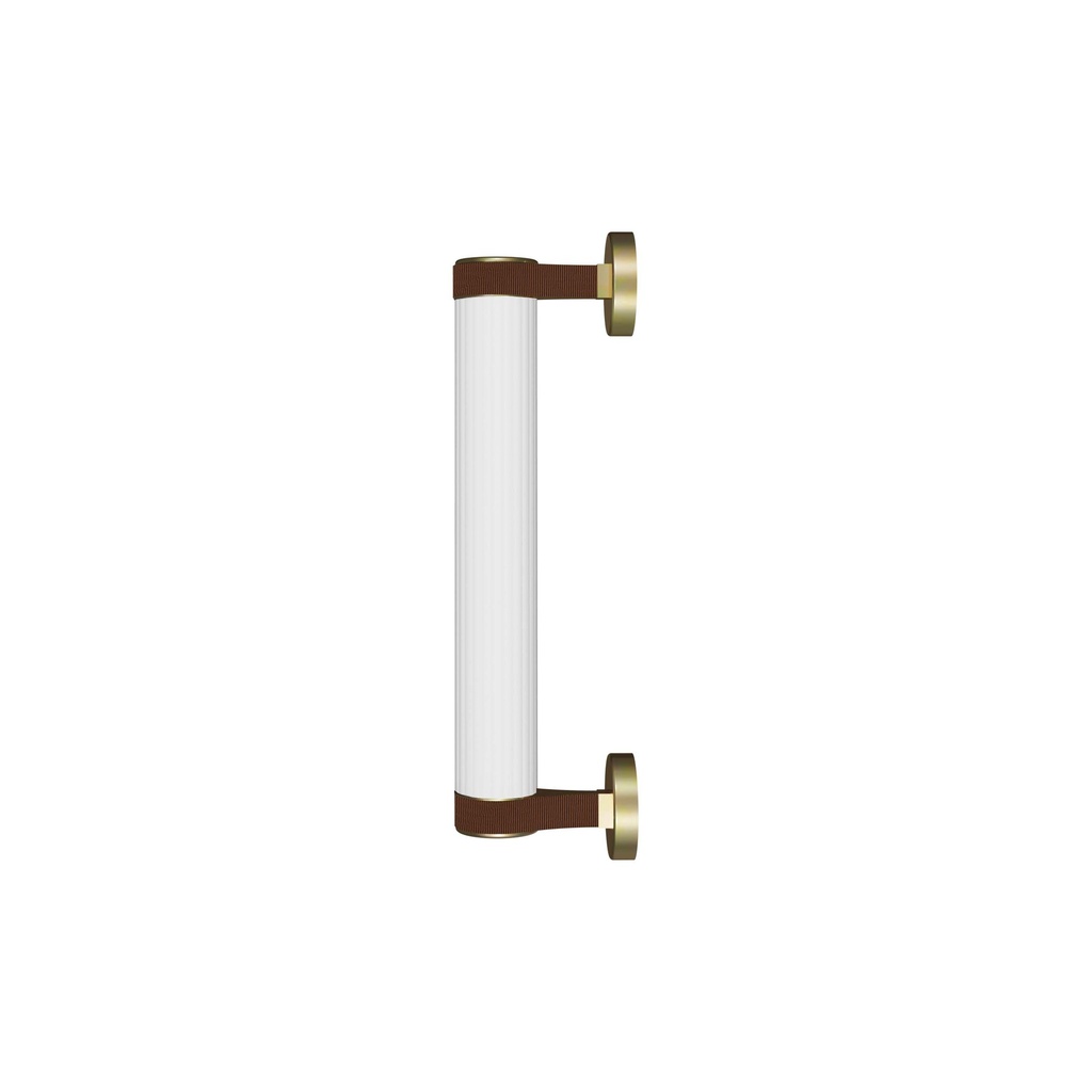 ROBIN 06419 | ROSELINE WALL 36 - GOLD BASE, BROWN STRAP, AND CLEAR GLASS SHADE.