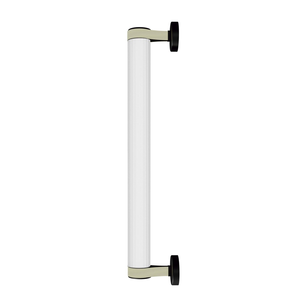 ROBIN 06426 | ROSELINE WALL 56 - BLACK BASE, BEIGE STRAP, AND CLEAR GLASS SHADE.