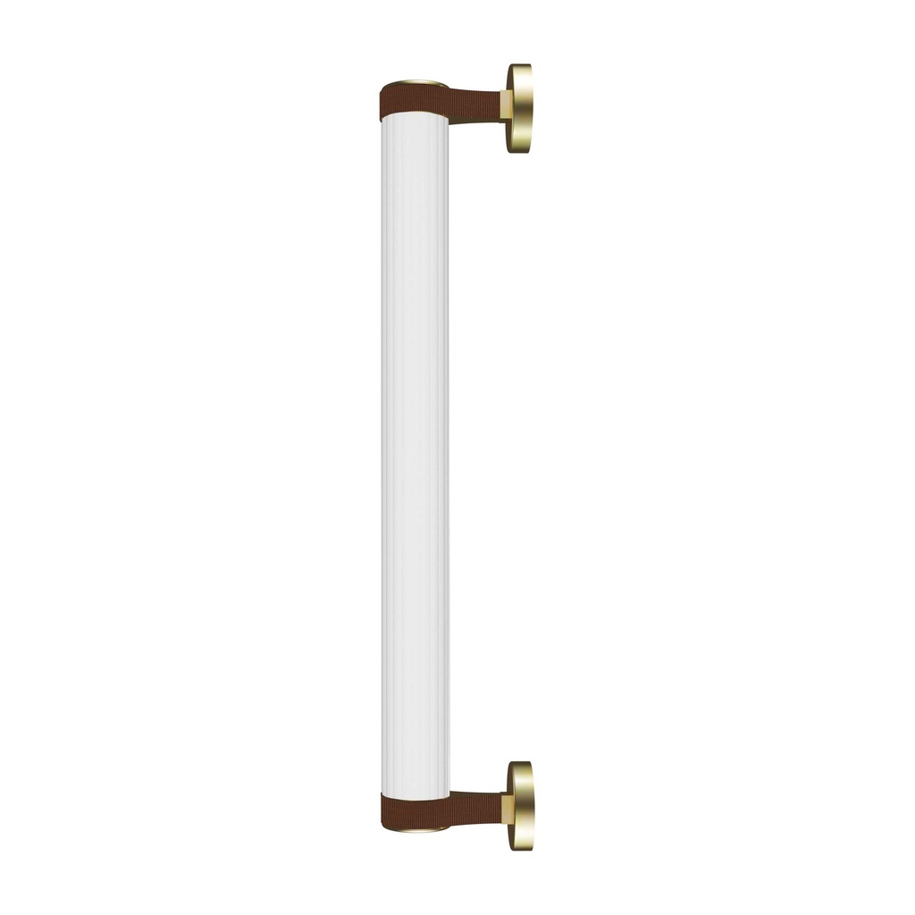 ROBIN 06433 | ROSELINE WALL 56 - GOLD BASE, BROWN STRAP, AND CLEAR GLASS SHADE.