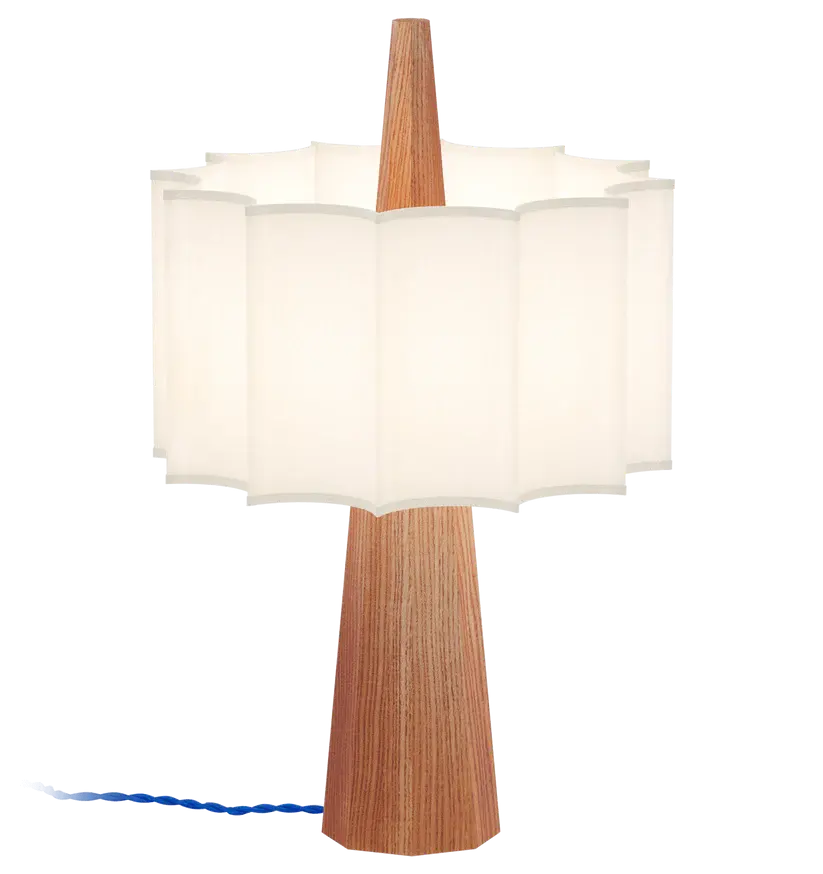 ROBIN LAMPS 01346 | RAIN TABLE - CHESNUT WOOD STRUCTURE, WHITE SHADE AND BLUE TEXTILE CABLE