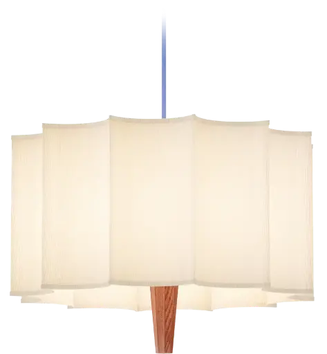 [ROB-01681] ROBIN LAMPS 01681 | RAIN PENDANT - CHESNUT WOOD STRUCTURE WHITE SHADE AND BLUE TEXTILE CABLE