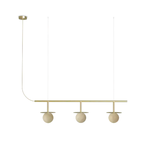 [ROB-06624] ROBIN 06624 | ROYAL PENDANT CHANDELIER LINEAR 3 - MATTE POLISHED BRASS STRUCTURE AND DISC, ALABASTER SPHERE, AND GOLD TEXTILE CABLE.